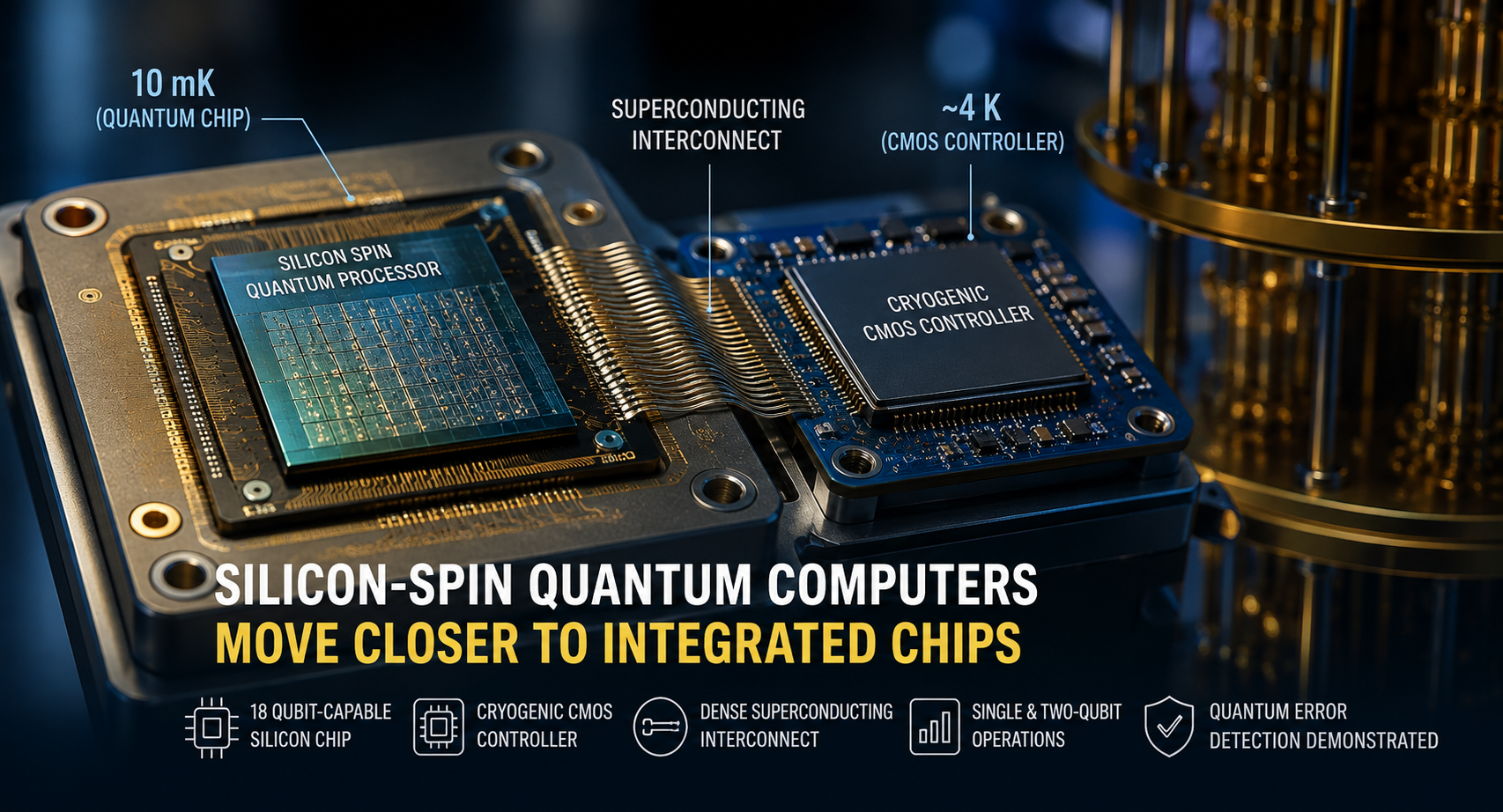 Silicon spin-qubit processor connected to a cryogenic CMOS control chip through dense integrated interconnects inside a quantum computing package.