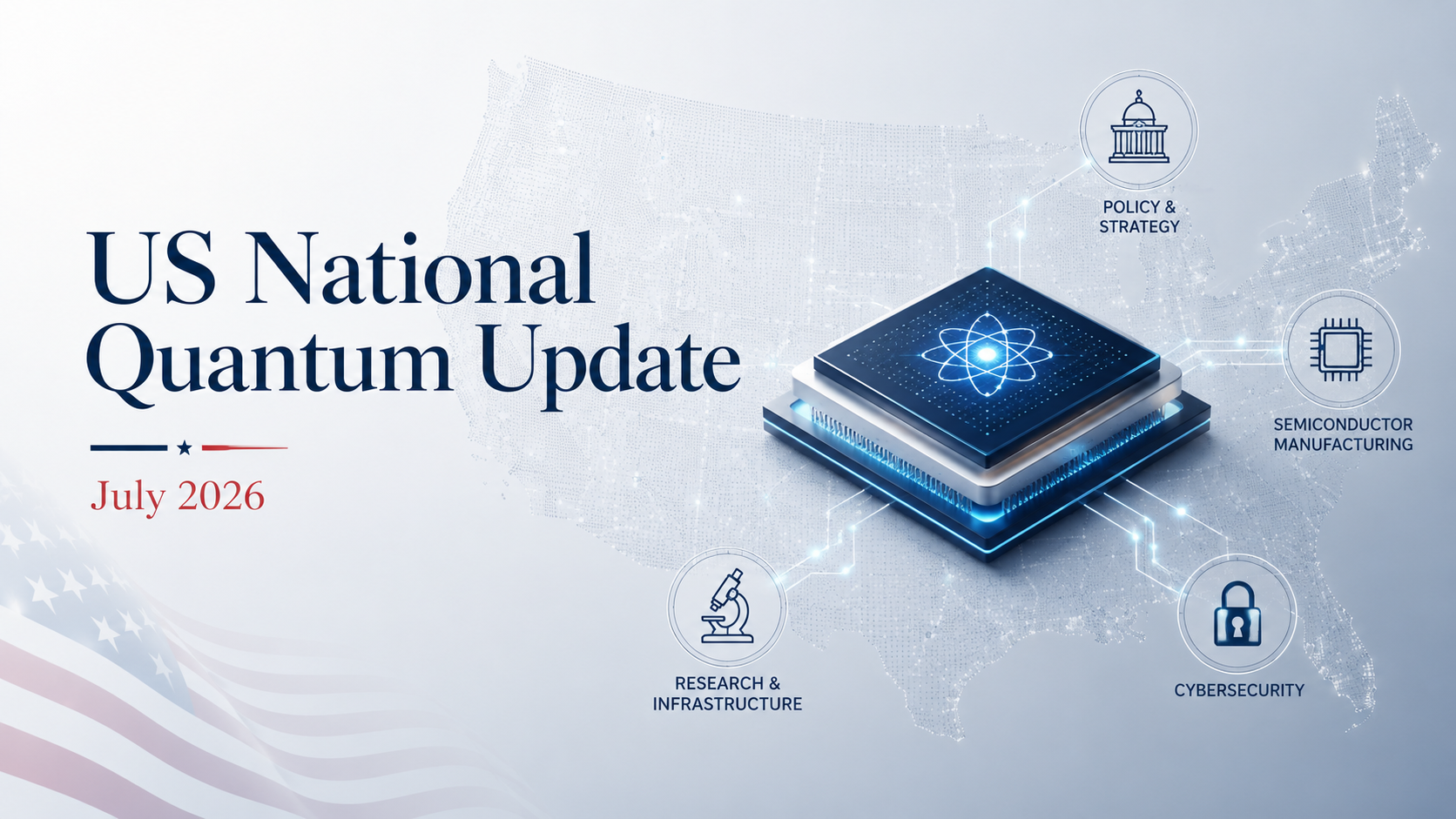US quantum-computing ecosystem represented by a quantum processor connected to semiconductor manufacturing, cybersecurity, federal research and scientific infrastructure.